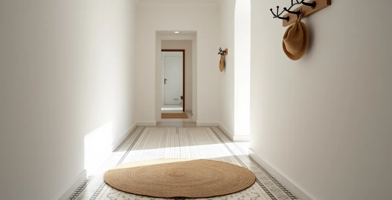Recibidor estrecho de piso español con alfombra redonda de yute