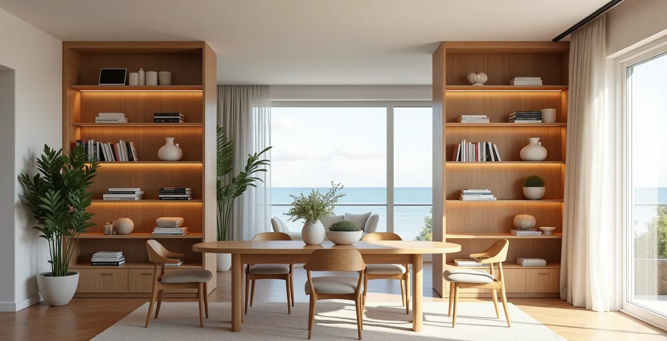 Salón y comedor separados visualmente por estantería de doble cara con luz natural atravesando el espacio