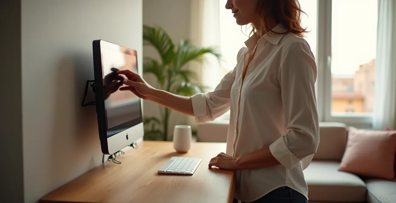 Salón moderno con escritorio plegable integrado en la pared