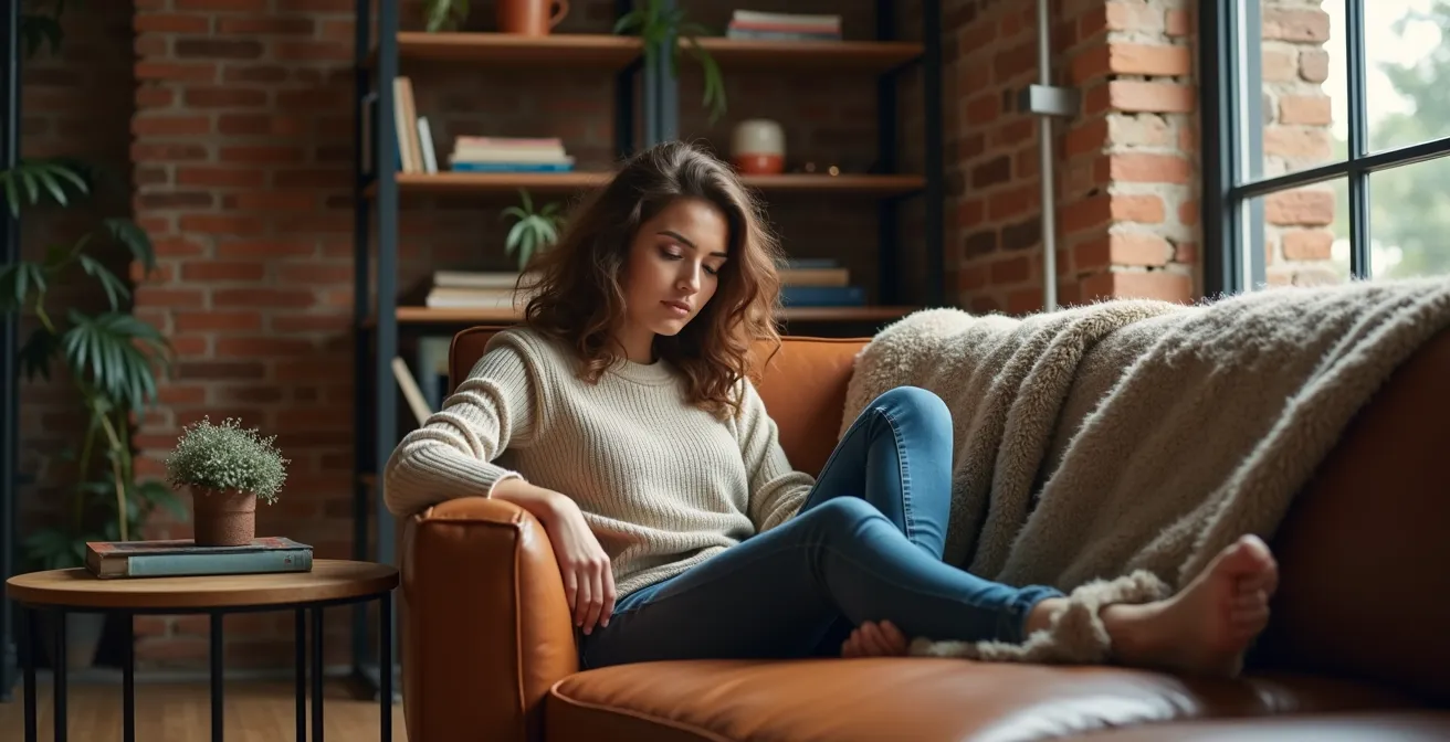 Salón de estilo industrial con equilibrio de texturas cálidas: cuero, madera, lana y metal