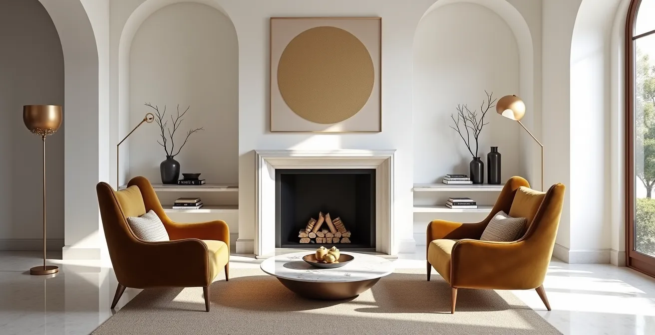 Salón moderno con disposición simétrica inspirada en patios andaluces