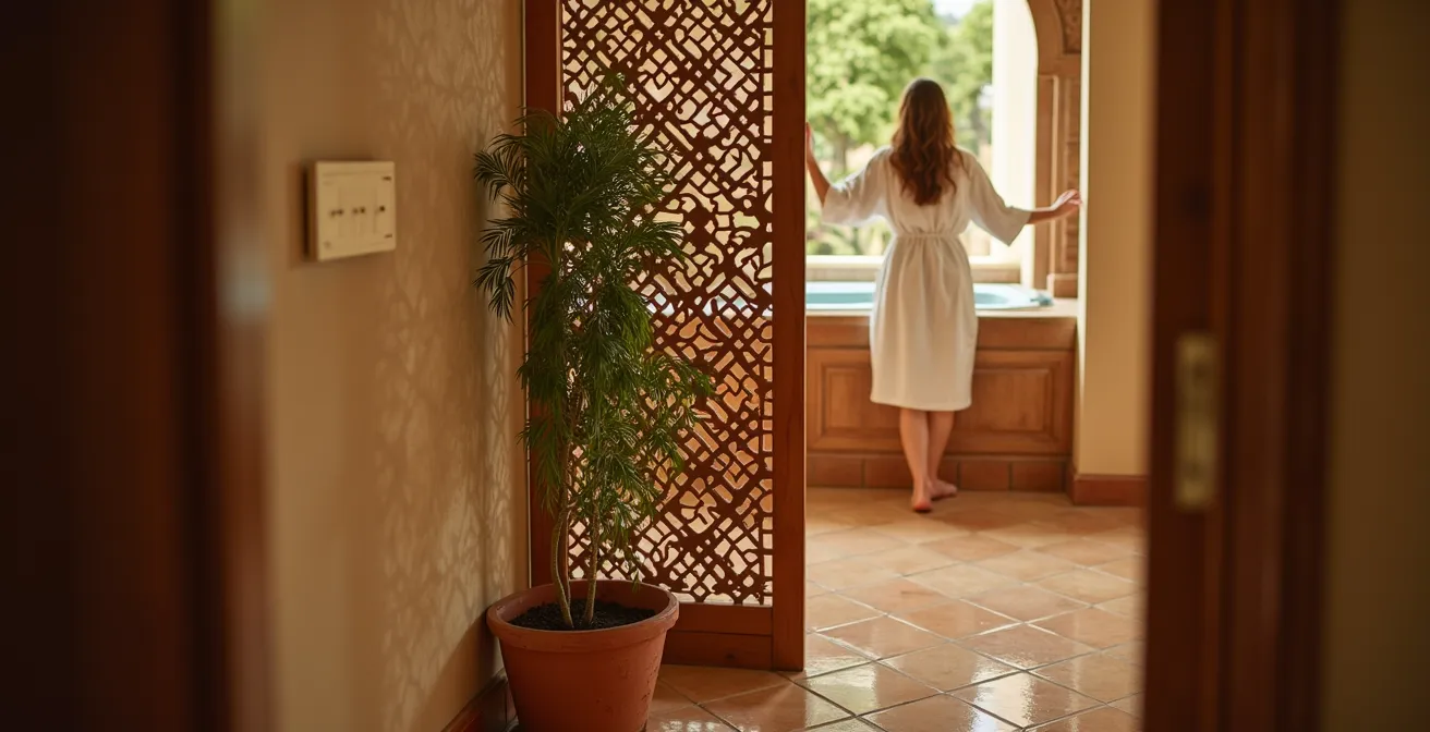 Separador de ambiente de madera y plantas en baño moderno