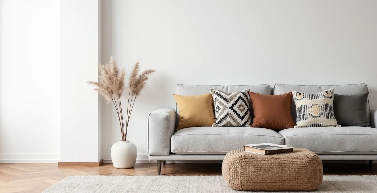 Sofá gris claro con cojines en diferentes texturas y patrones contrastantes, vista amplia del salón con espacio negativo