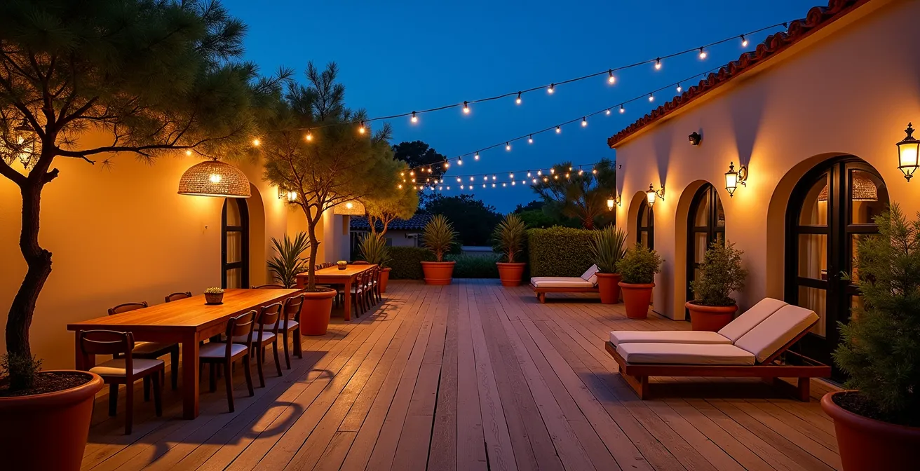 Terraza estrecha dividida en zona comedor y zona relax mediante diferentes niveles de iluminación