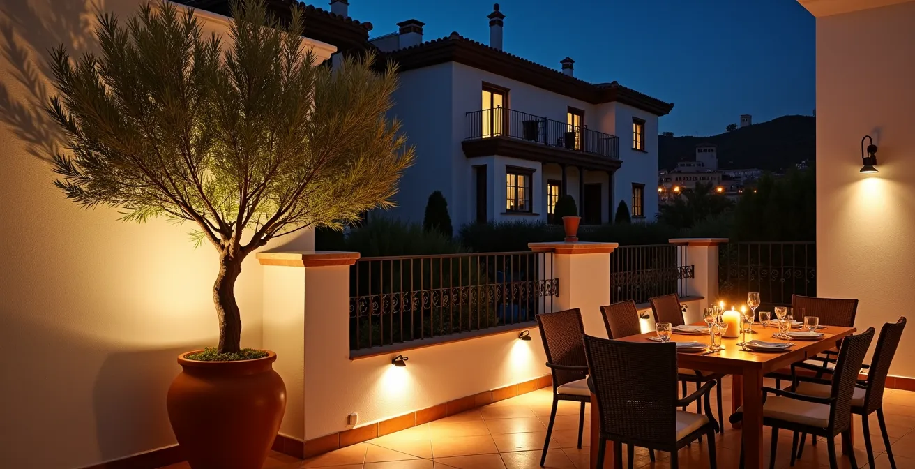 Terraza mediterránea con iluminación indirecta que no molesta a vecinos