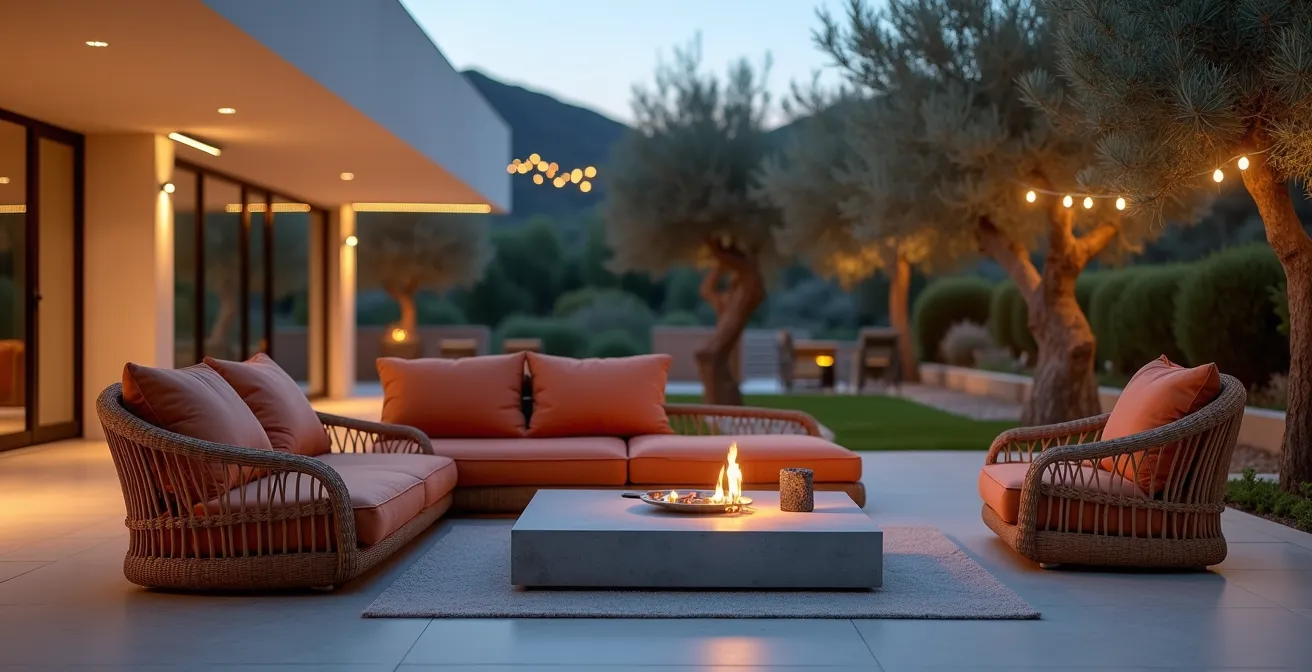 Terraza contemporánea con sofás de ratán sintético y mesa de cemento pulido