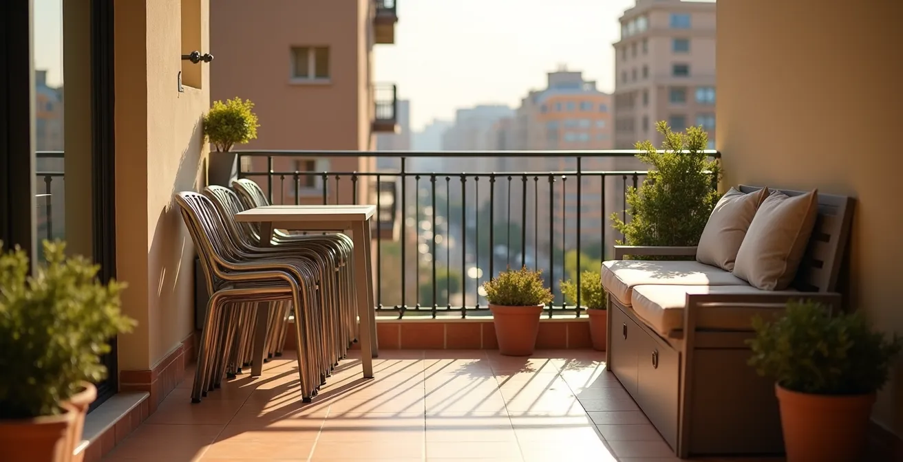 Terraza urbana con muebles modulares apilados eficientemente para ahorrar espacio