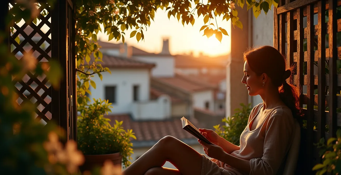 Terraza urbana con celosías de madera y plantas trepadoras creando privacidad natural