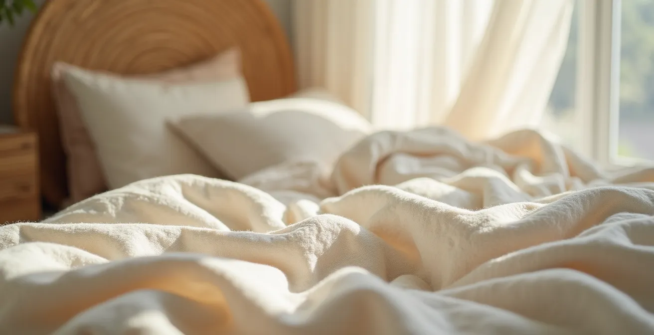 Dormitorio mediterráneo con ropa de cama de lino arrugado en tonos neutros, cortinas de gasa flotando con la brisa y cestas de esparto