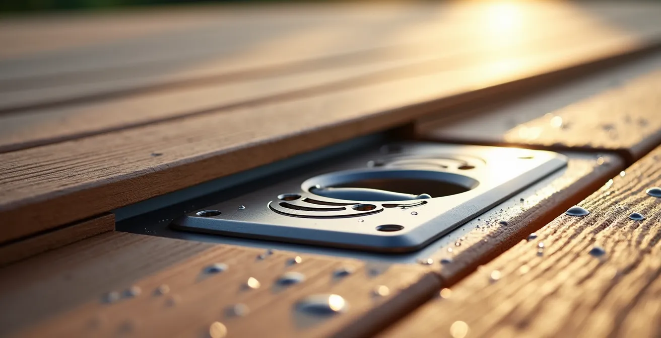 Detalle de una trampilla integrada en tarima de balcón con acceso al sumidero