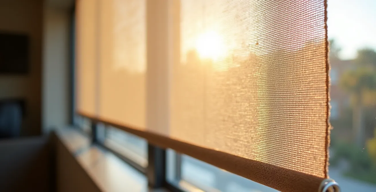 Ventana interior con estor screen permitiendo entrada de luz difusa y manteniendo privacidad