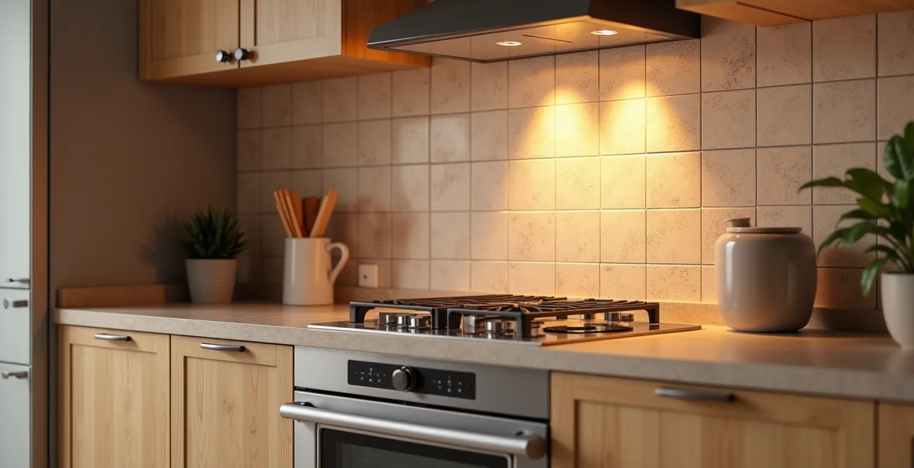 Vista lateral de un horno empotrado mostrando las rejillas de ventilación y el flujo de aire en la cocina